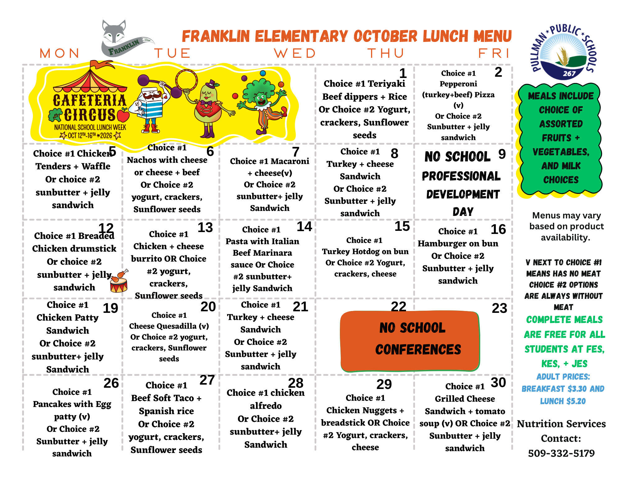 Franklin Elementary October lunch menu